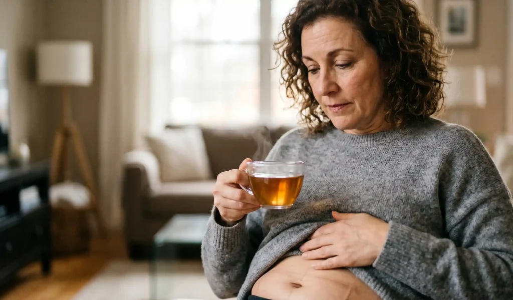 donna che contempla tè dopo riduzione dello stomaco