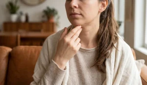 woman feeling hard lump under chin