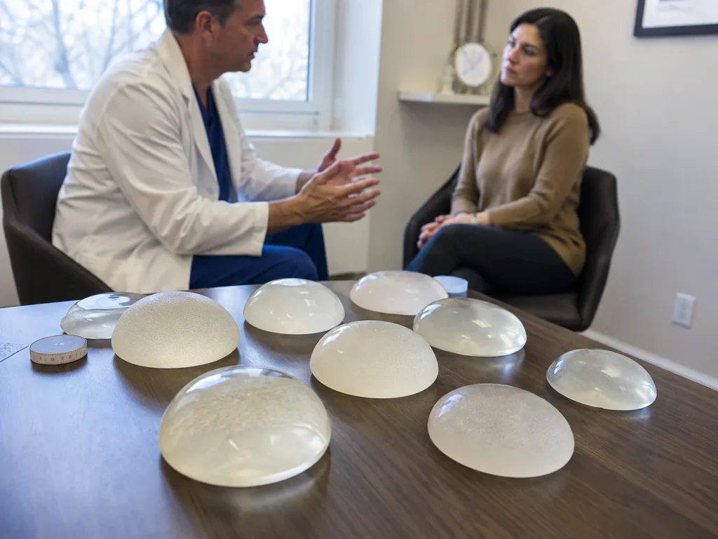 breast implant sizes on table clinic consultation